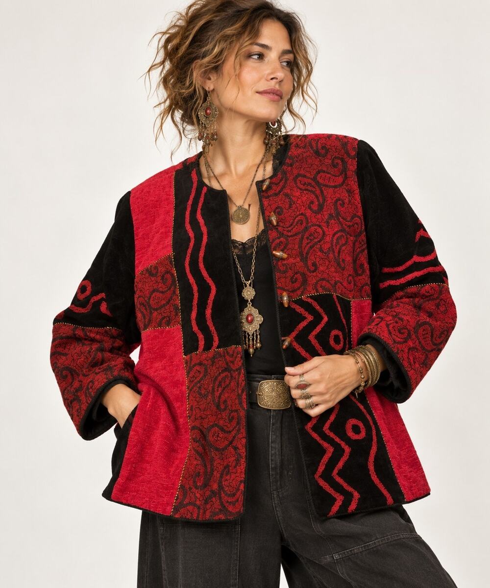 Allure Vtg 90s Patchwork Jacket 22/24 Boho Artsy Tapestry Velvet Embroidered Red